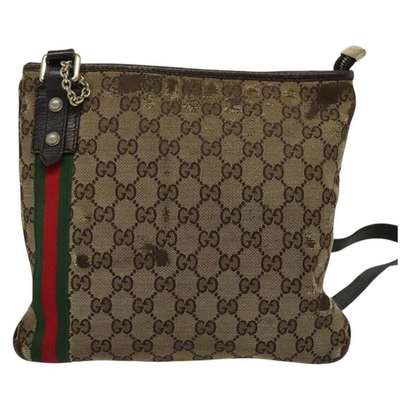 GUCCI GG Canvas Web Sherry Line Shoulder Bag Beige Gold Red - Picture 2 of 12